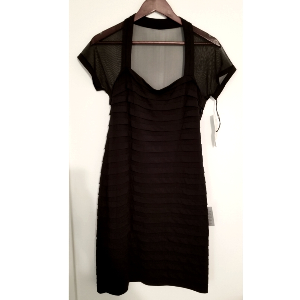 NWT Maggy London Petite Black Bodycon Cocktail Dress Sheer Top - Picture 2 of 9